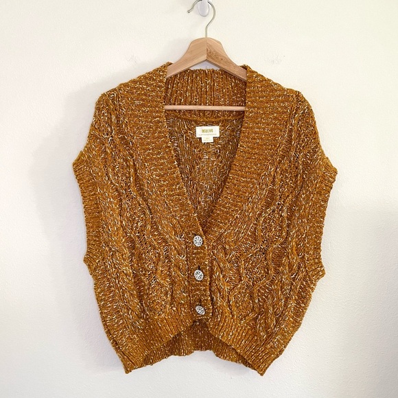 Anthropologie Maeve Relaxed Cardigan Sweater Vest Cable Knit V Neck Marigold XS - Picture 4 of 13